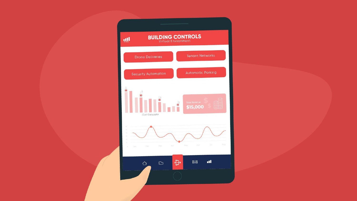 Illustrated storyboard frame: hands holding a tablet showing a Building Controls dashboard with buttons and charts on a red background
