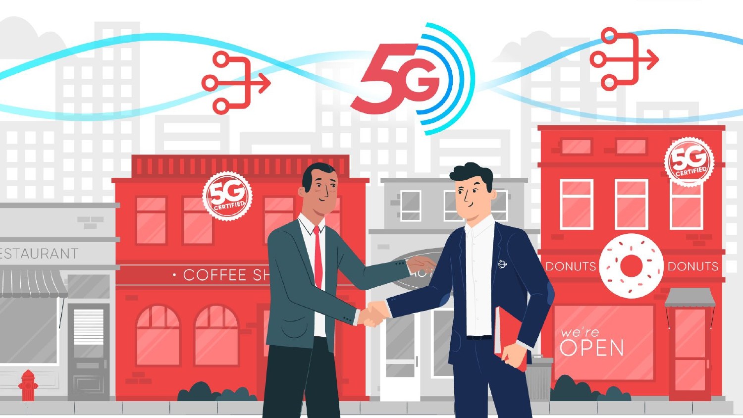 Illustrated storyboard frame: two businessmen shaking hands in front of red shopfronts with 5G certified badges and a 5G symbol above